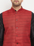 Vastramay Men's Maroon Matka Silk Nehru Jacket With Black Silk Blend Kurta and Pant style Pyjama Set